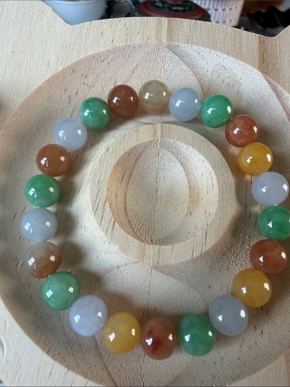 Multicolor Natural Myanmar jadeite type A,Bead Stretch Bracelet .Size 8mm.